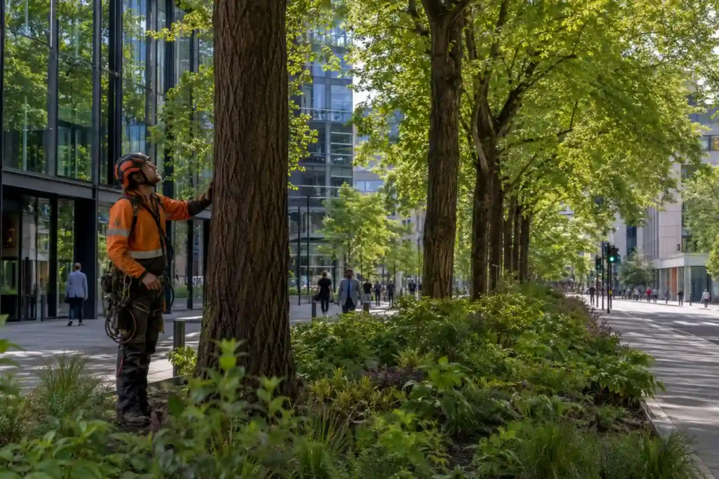 Professional arborist inspecting healthy urban trees in a modern UK city environment