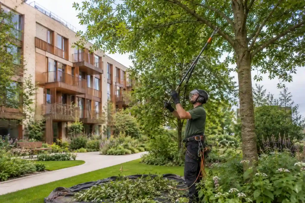 Arborist maintaining healthy trees in a modern UK landscape