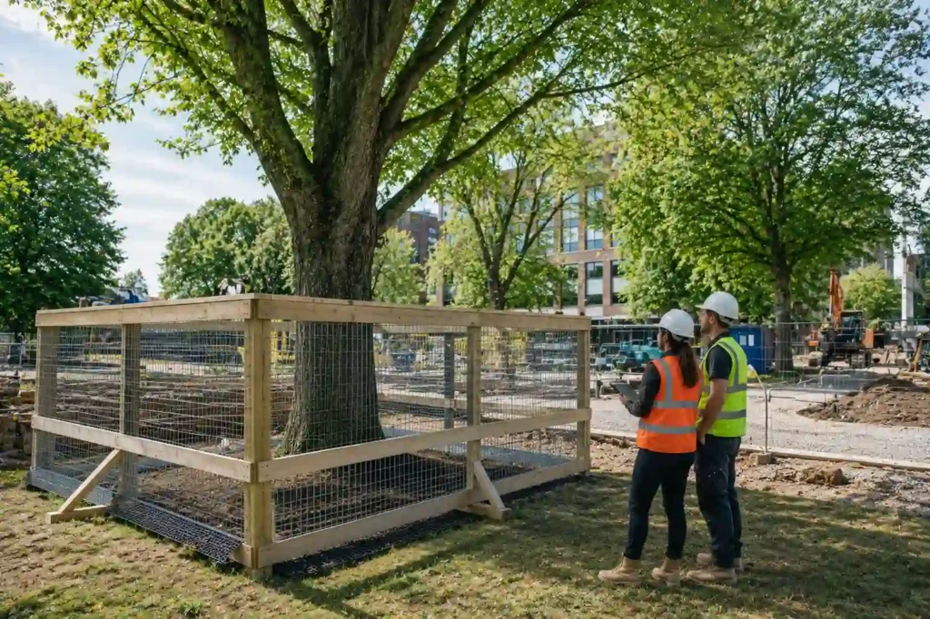 Mature urban trees protected with fencing during UK construction work
