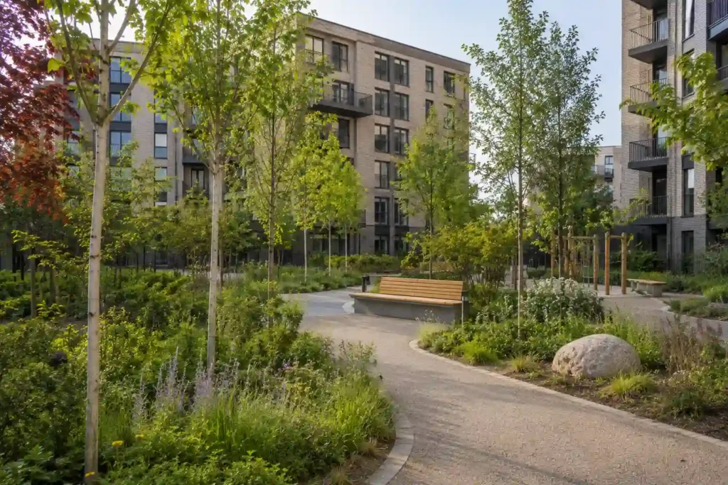 Sustainable landscaping trees planted in a modern UK urban property