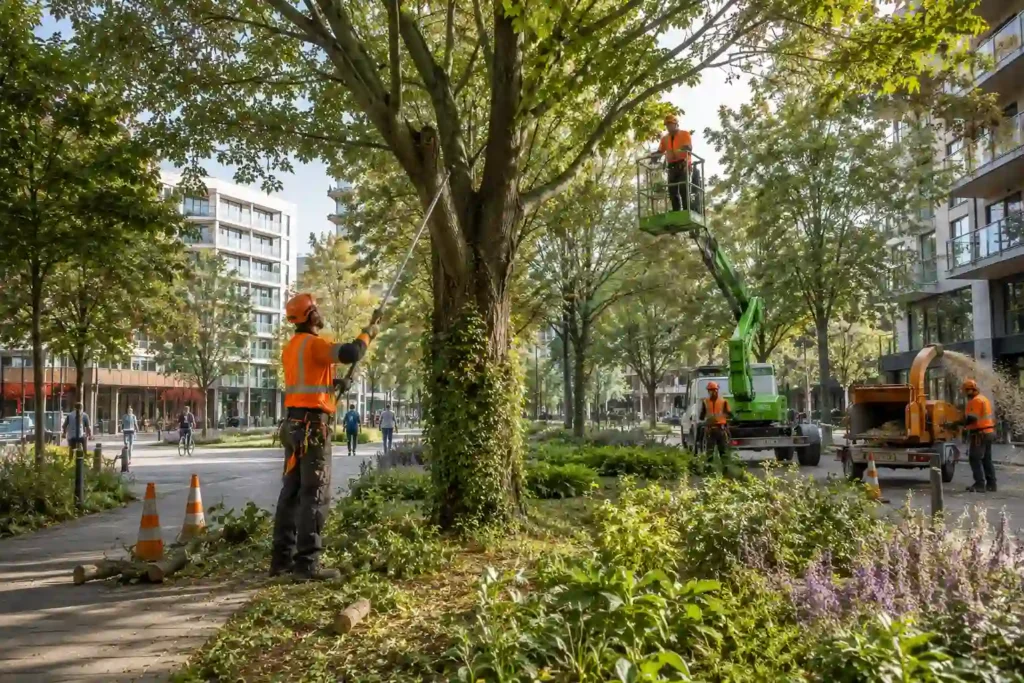 Why Sustainable Tree Management Is Important for Modern Cities Professional arborists managing sustainable urban trees in a UK city