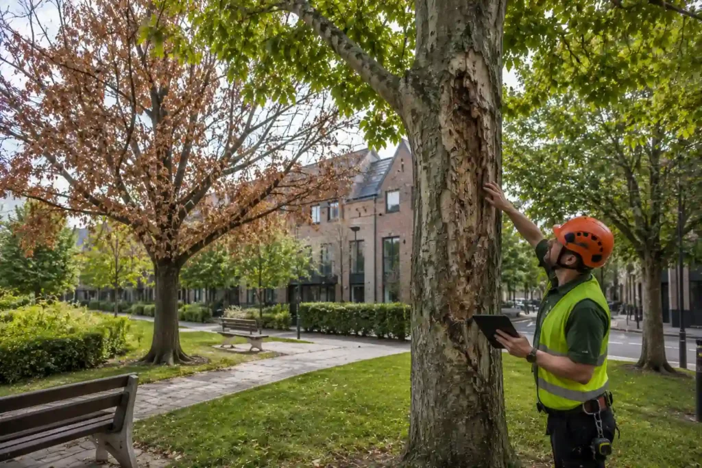Common Signs Your Trees Need Immediate Professional Attention Arborist inspecting tree health and structural condition in a UK urban area