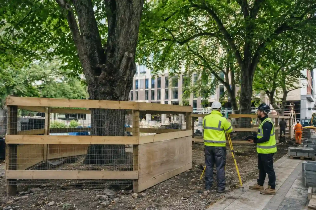 Arborists protecting mature trees during urban construction work in the UK