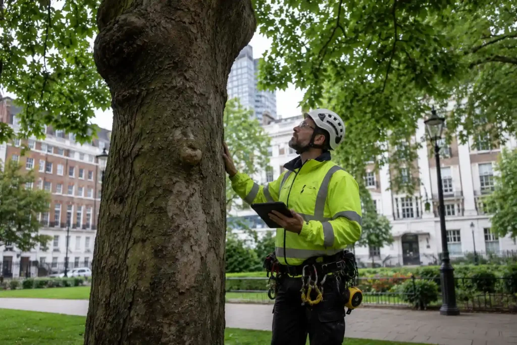 Arborist inspecting urban tree health using advanced tree risk assessment equipment