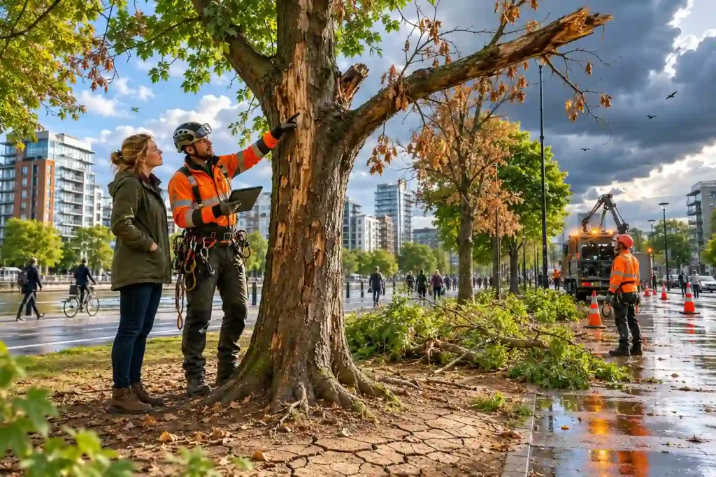 How Climate Change Is Impacting the UK Arboriculture Industry Arborists inspecting urban trees affected by climate change in the UK