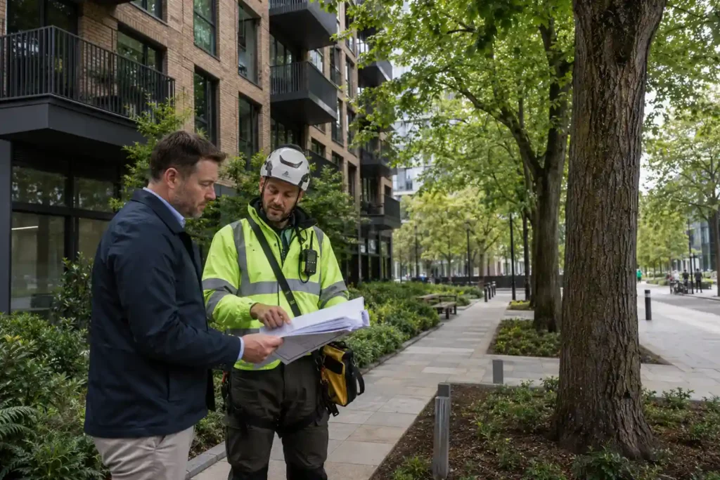 Arborist reviewing UK tree care regulations near protected urban trees