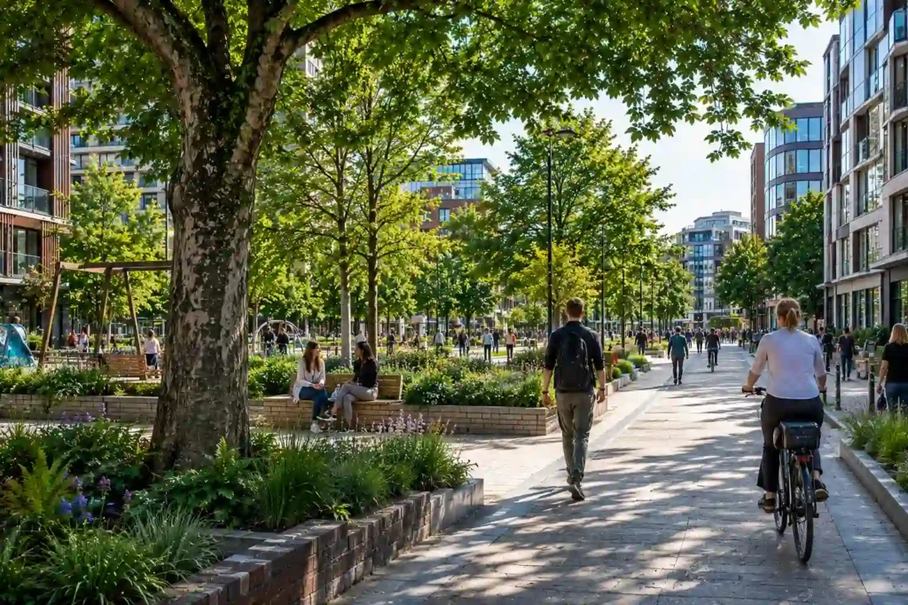 Healthy urban trees integrated into sustainable UK city planning