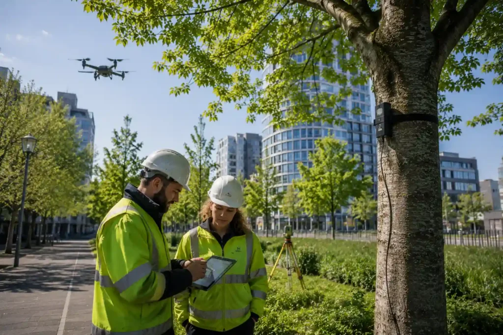 Best Digital Tools Used by Professional Arborists in 2026 Arborists using advanced digital technology for urban tree management in the UK