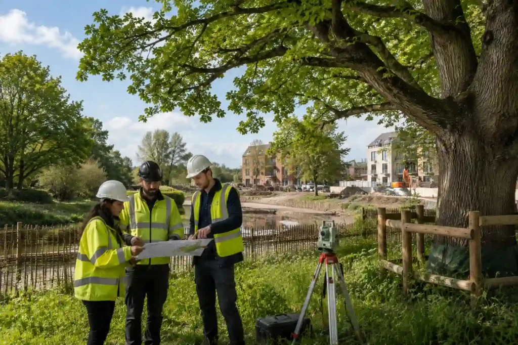 Environmental consultants reviewing sustainable development plans in the UK