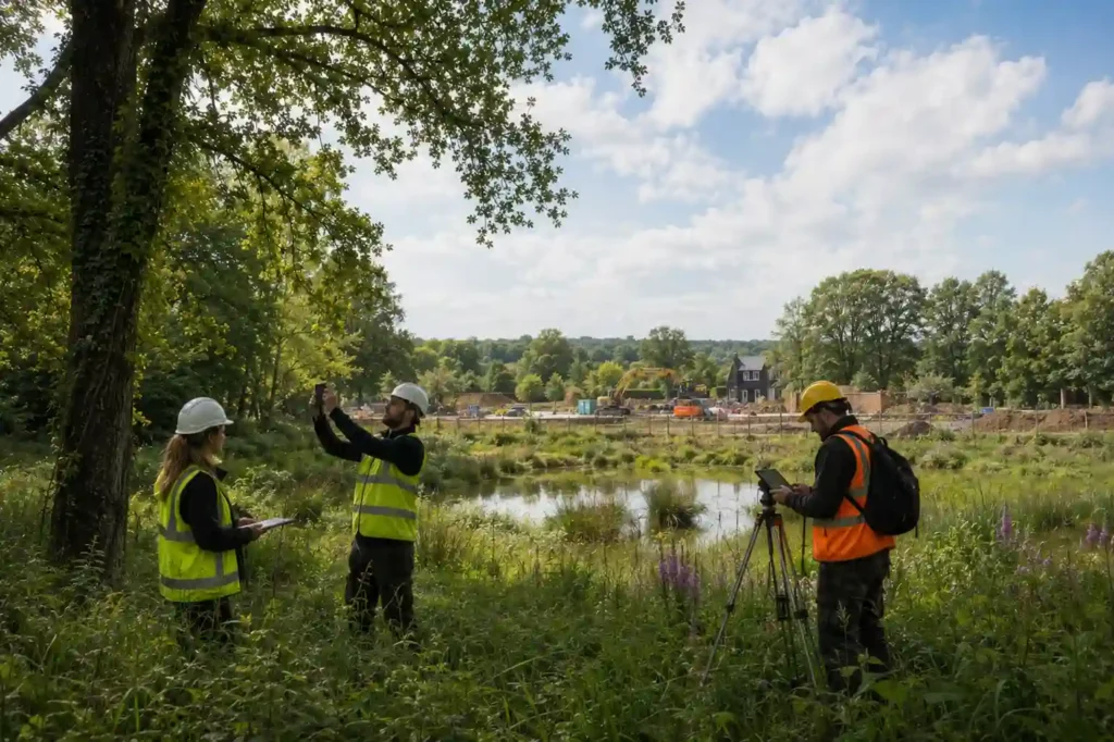 Environmental consultants assessing natural habitats on a UK development site