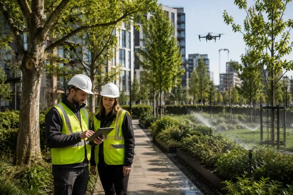 How Smart Technology Is Transforming Modern Landscaping and Tree Care Arborists using smart landscaping technology in a modern UK city