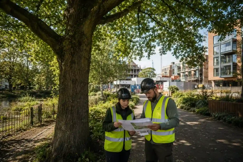 Protected urban trees near a UK development site with arborists reviewing planning compliance
