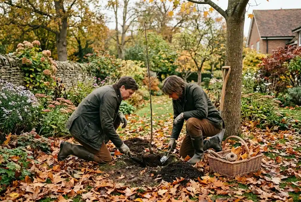 Best Time to Plant Trees in the UK: Month-by-Month Guide Person planting a tree in autumn in a UK garden