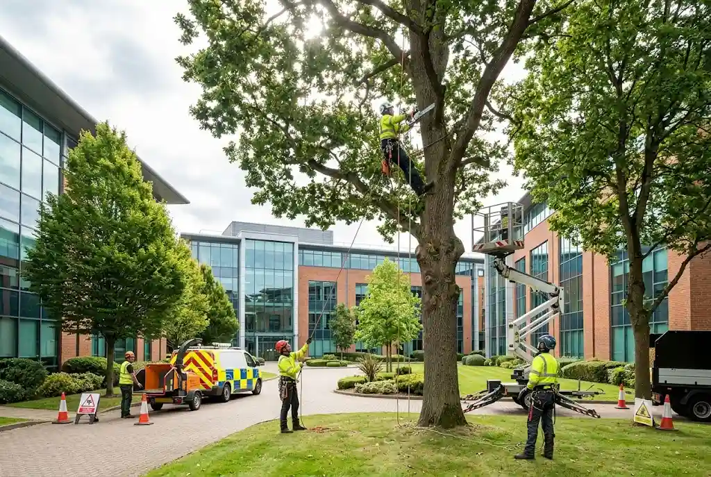 Commercial Tree Services: Expert Tree Care Solutions for UK Businesses Arborists performing commercial tree maintenance on a business property in the UK