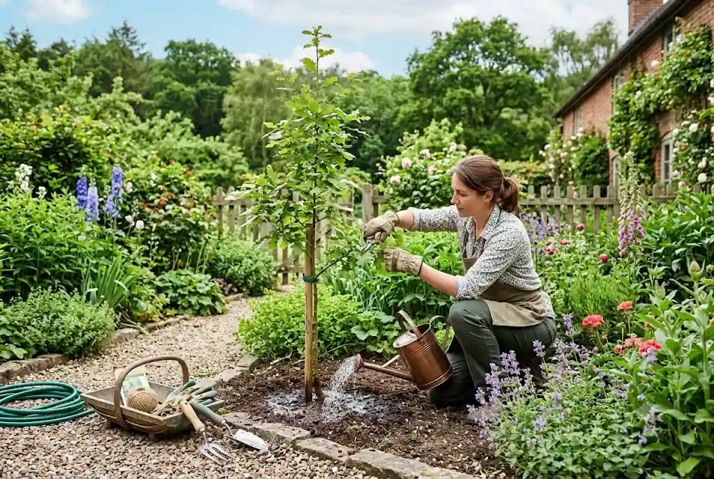 Essential Tree Care Tips for Healthy Growth in the UK Person caring for a tree by watering and pruning in a UK garden