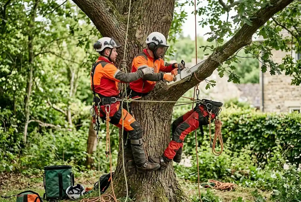 How to Become a Tree Surgeon in the UK professional tree surgeon climbing and cutting tree in the UK with safety gear