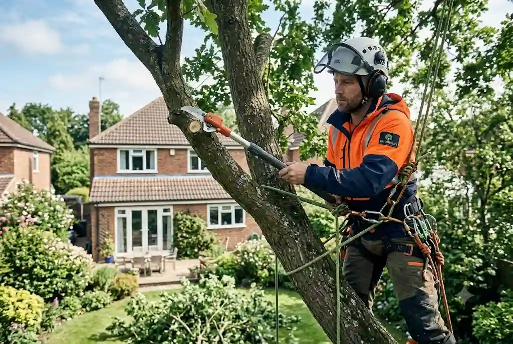 Tree Trimming in the UK: Essential Care for Stronger, Healthier Trees Arborist trimming tree branches in a UK residential garden