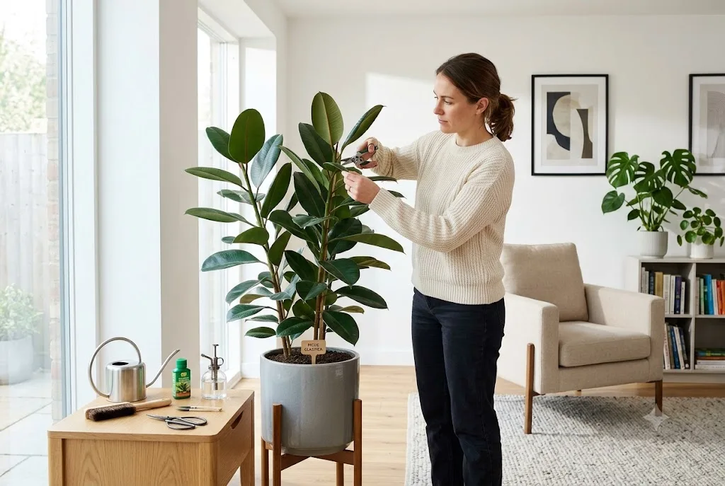 Trimming a Rubber Tree: A Complete Guide for Healthy Growth person trimming a rubber tree plant indoors using pruning shears