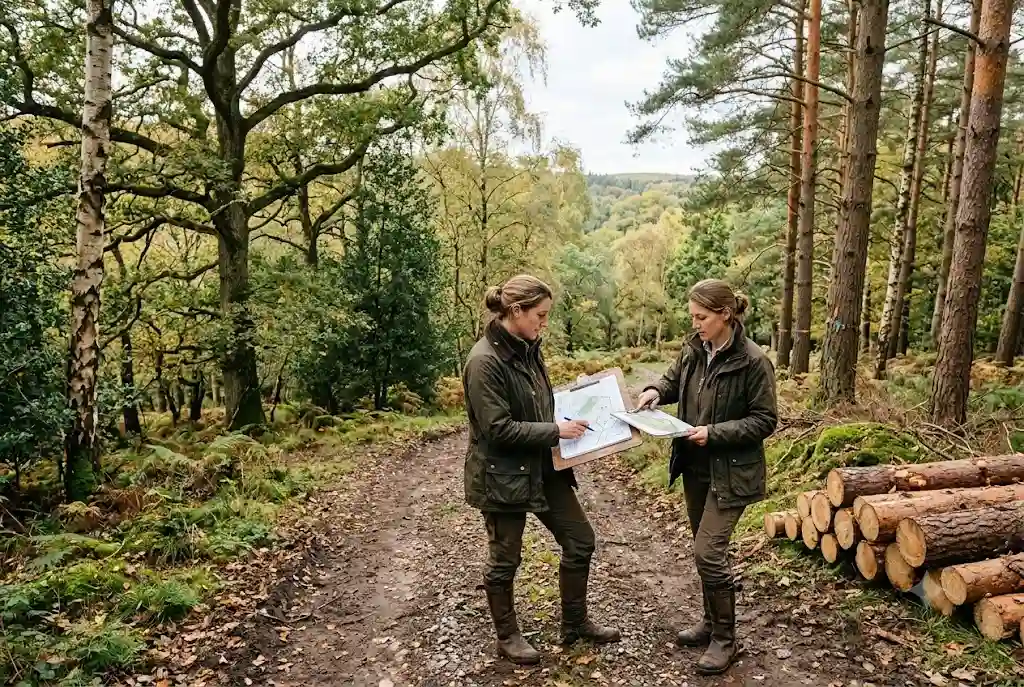Woodland Management Plan: A Complete Guide for Sustainable Land Management in the UK forestry professional reviewing woodland management plan in UK woodland