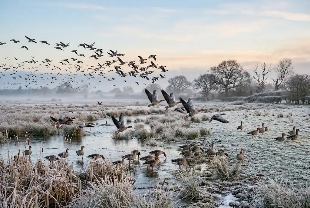 Winter With Animals: How UK Wildlife Survives Winter Winter with animals including wild geese in a UK wetland